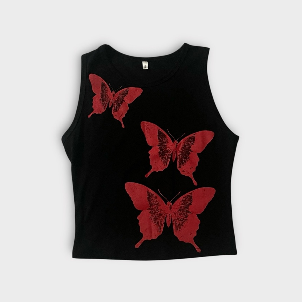Black Sleeveless Top with Red Butterfly Design